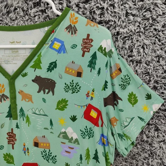 Little Sleepies Women Happy Camper Gorpcore Bamboo Henley Pajama Top Small Green - Picture 7 of 16